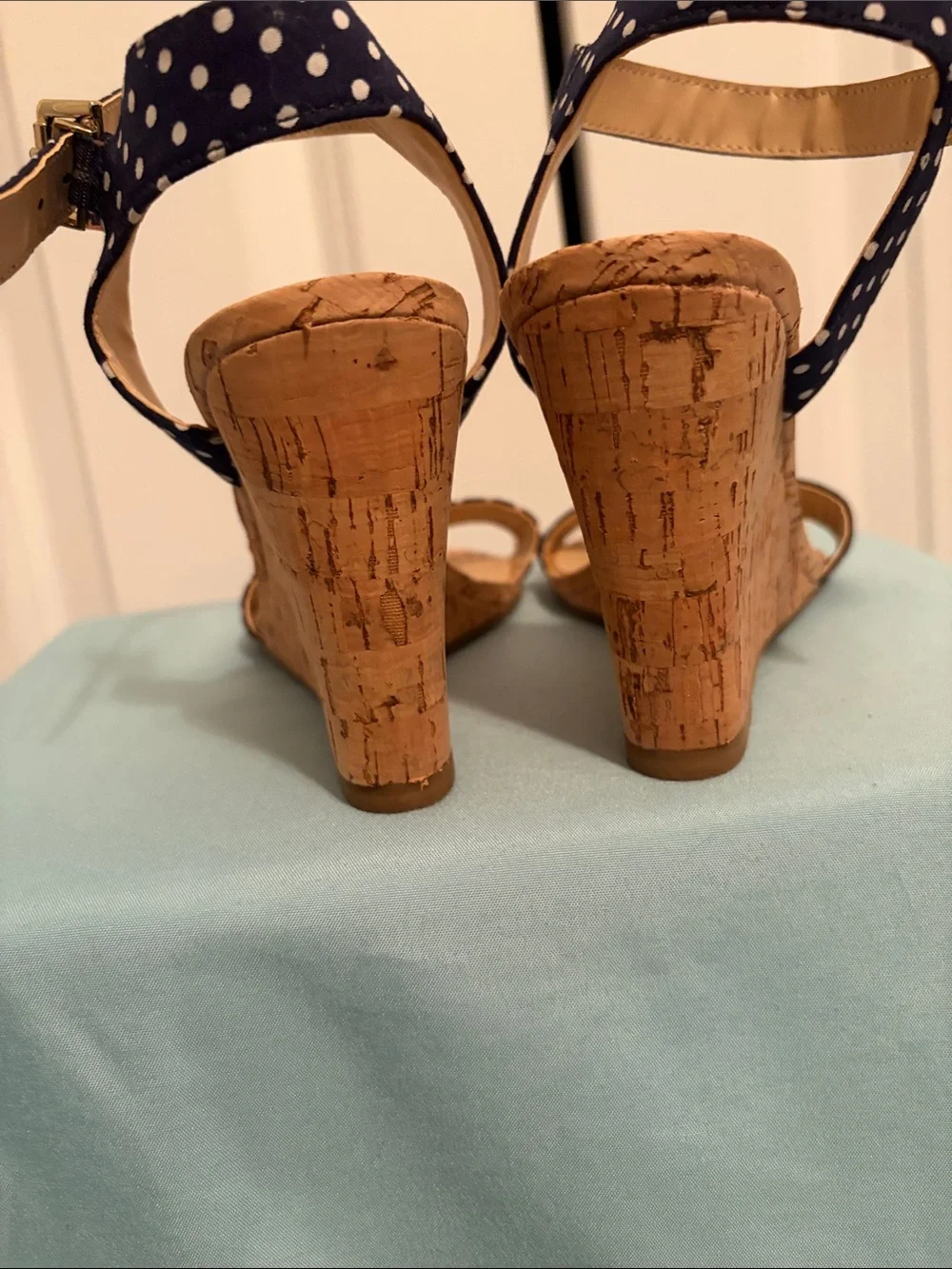 Lulu's Navy Polka Dot Cork Wedge Sandals